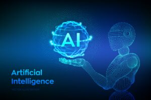 AI. Artificial intelligence. Wireframe robot. AI in robotic hand. Machine learning and cyber mind domination concept. Technology sci-fi concept. Graphic design concept of future. Vector illustration.
