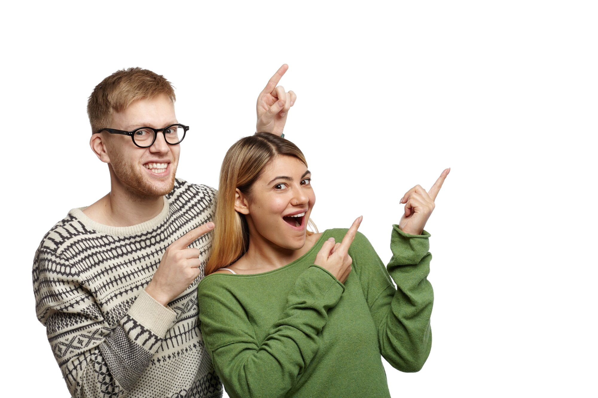 Related image in Career Development category for Driving Trust through Digital Security and Governance post | look this isolated shot emotional overjoyed young beautiful female stylish male with stubble glasses staring excitedly pointing fingers blank white copy space wall